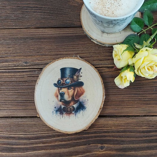 podkładki do kuchni Brzozowa podkładka pod kubek - steampunk - pies 1