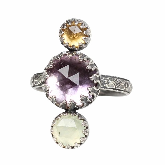 pierścionki srebrne Srebrny oksydowany pierścionek Dream z ametystem, cytrynem i prehnitem