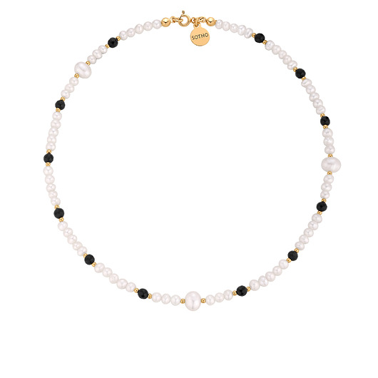 złote naszyjniki Złoty naszyjnik z pereł naturalnych i onyksu