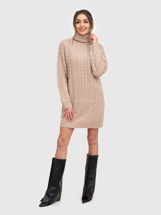 sukienki mini damskie Beżowa sukienka swetrowa z golfem AXS0206