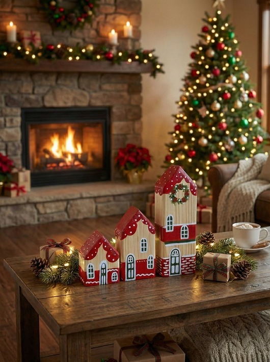 dekoracje świąteczne Zestaw drewnianych domków