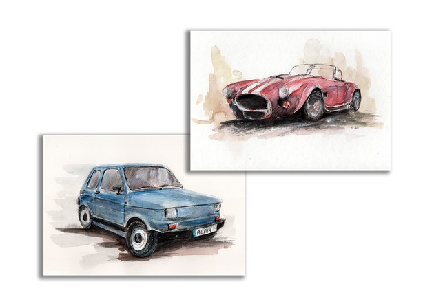 grafiki i ilustracje Zestaw retro-auta akwarela ręcznie malowana