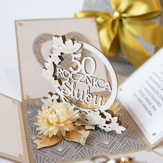 kartki scrapbooking 50 rocznica ślubu, złote gody, exploding box, kartka 3d