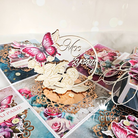 kartki scrapbooking Exploding box na urodziny niebiesko-różowy
