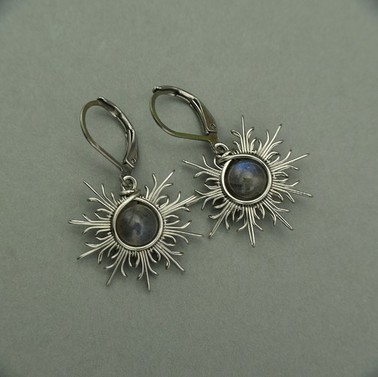 kolczyki wire wrapping Kolczyki słoneczka niebieski labradoryt wire wrapping