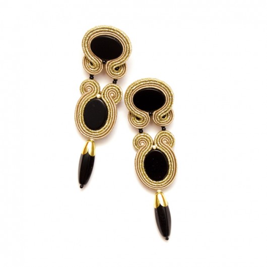 kolczyki soutache Czerń, beż, złoto- kolczyki długie
