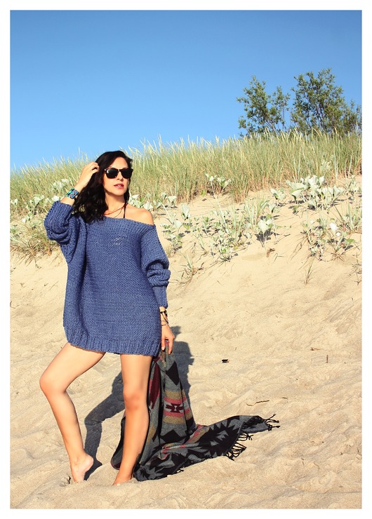 swetry damskie  Niebieski sweter Oversize z wełną