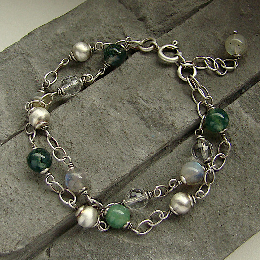 bransoletki z kamieni naturalnych Labradoryt, agat mszysty i krysztal  - bransoletka