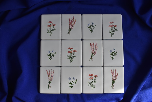 kafle i panele Zestaw 12 ręcznie malowanych kafli- lawenda maki chabry