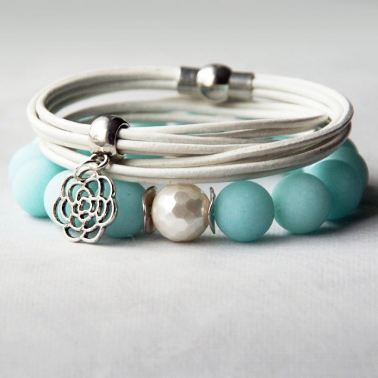 KOMPLET bransoletek :: mint & white :: jadeit kaktusia
