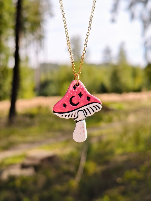 wisiory Naszyjnik grzybek różowy magiczne akcesoria kawaii leśny motyw, boho