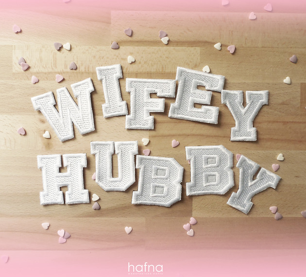 Naszywka zestaw liter Wifey lub Hubby HafnaHaft