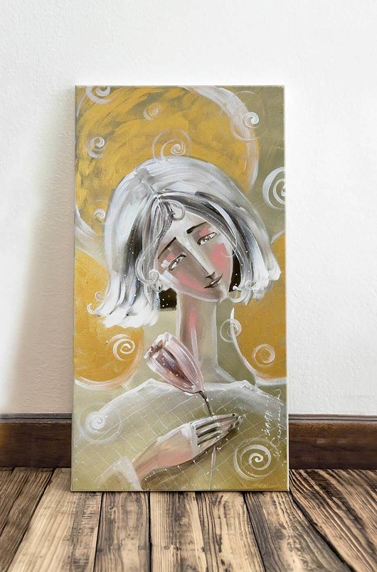 plakaty Plakat Anioł beżowy z kwiatem. Giclee