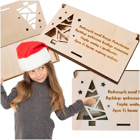 kartki scrapbooking Pudełko świąteczne Koperta drewniana na pieniądze Kartka grawerowana