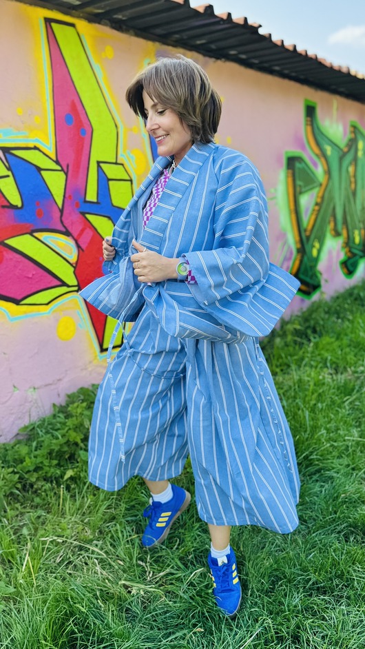 spodnie materiałowe damskie Jeansowe spodnie culotte w paski