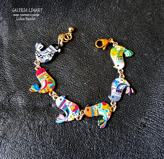 bransoletki - inne Urocza bransoletka boho z cudnymi kolorowymi emaliowanymi ptaszkami handmade