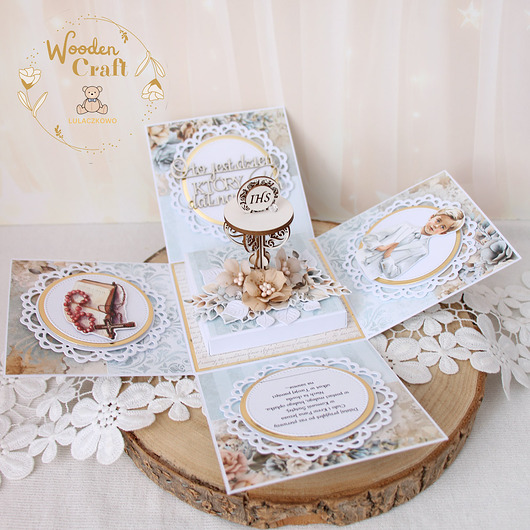 kartki na komunię Exploding box komunijny, kartka na komunię "In Shades of Blue" GOTOWY