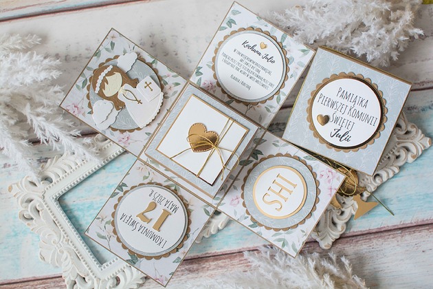 kartki scrapbooking Pamiątka Pierwszej Komunii Świętej, exploding box