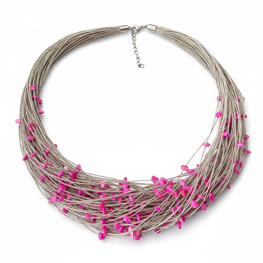 naszyjniki - inne Naszyjnik z lnu z różową masą perłową