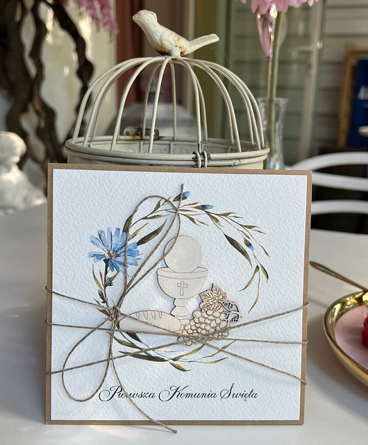 kartki na komunię Ręcznie robiona kartka na komunię z życzeniami - komunijna Kielich