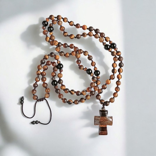 biżuteria męska UNIKAT - naszyjnik typu różaniec - tygrysie oko - krzyż
