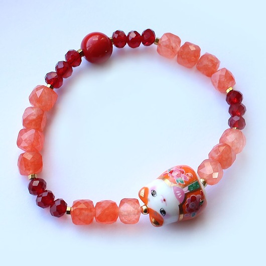 bransoletki z kamieni naturalnych Unikat! maneki neko - jadeit, koral, rubin
