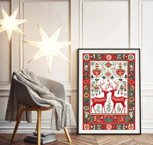 grafiki i ilustracje PLAKAT świąteczny, zimowa skandynawska ilustracja, jeleń