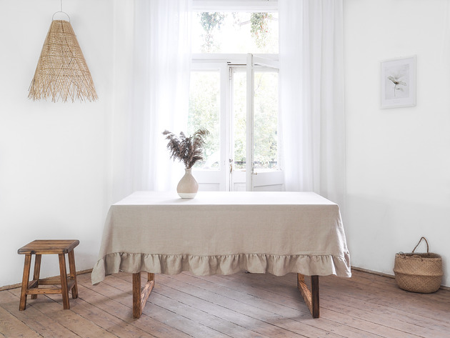 obrusy i serwetki Lniany obrus z falbanką  heavy linen NATURAL