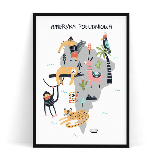 obrazy i plakaty do pokoju dziecięcego Plakat dziecięcy Ameryka Płd/mapa zwierzęta