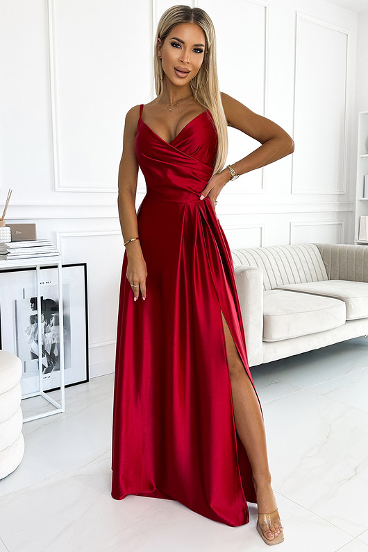 299-14 CHIARA elegancka maxi satynowa suknia na ramiczkach - czerwona
