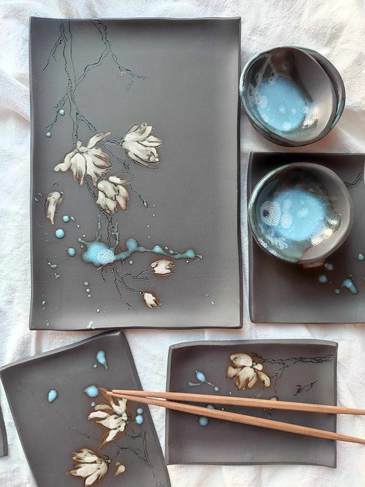 patery i talerze Zestaw do Sushi z błękitnymi miseczkami dla 4 osób