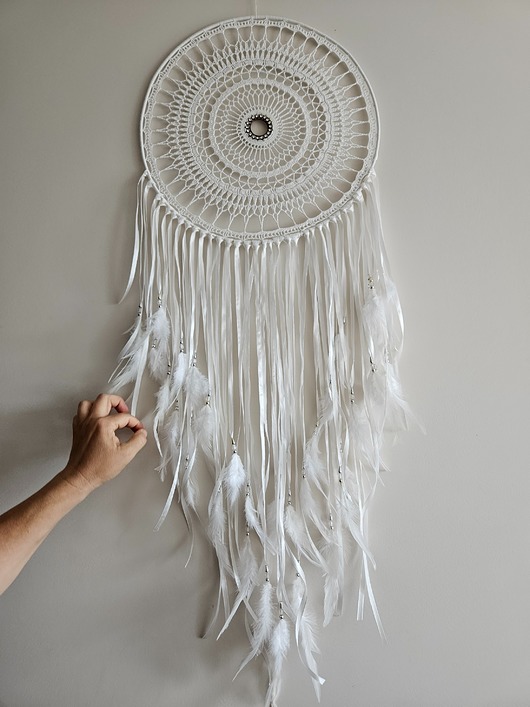 łapacze snów Duży biały łapacz snów z piórami Dream catcher