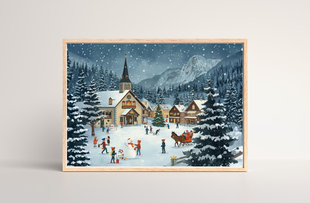 obrazy i plakaty do pokoju dziecięcego PLAKAT zimowa wioska ilustracja górski krajobraz zimowy