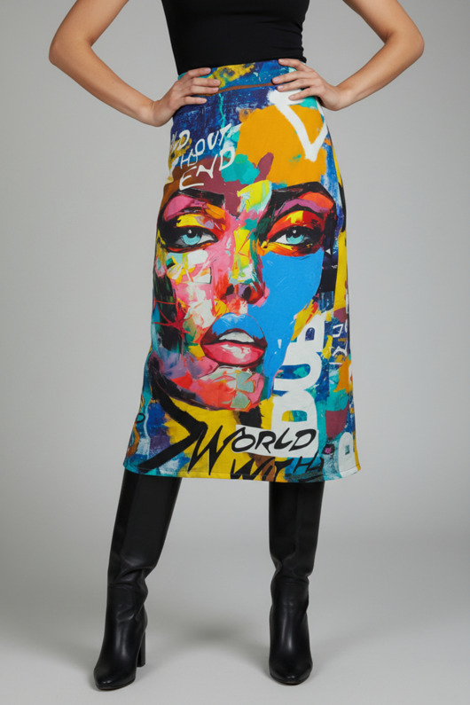 spódnice midi Spódnica midi Mudra z artystycznym wzorem twarzy, rozmiar L / 40