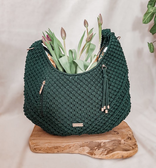 torby na ramię Torebka ze sznurka hobo bag- butelkowa zieleń