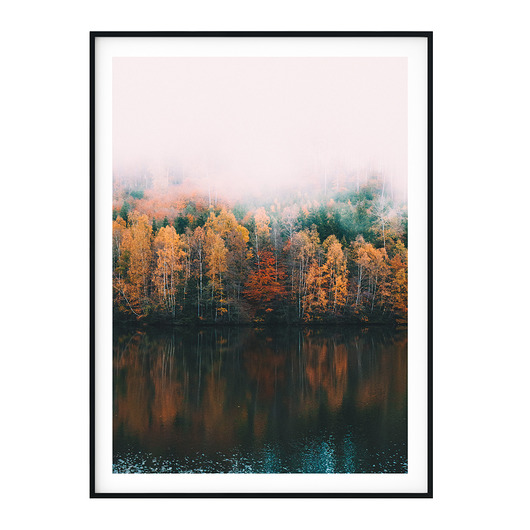 Plakat Zamglony las - odbicie w jeziorze myscandi