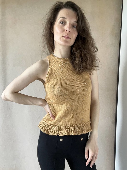 topy damskie Dziergany top musztardowy