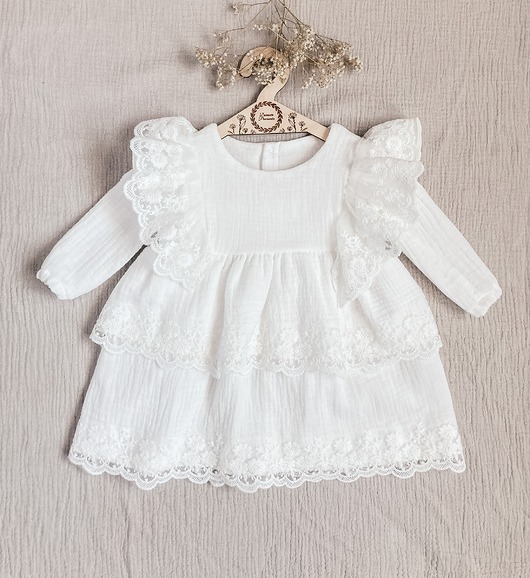 szatki, ubranie na chrzest Sukienka do chrztu muślin koronka boho chrzciny ecru