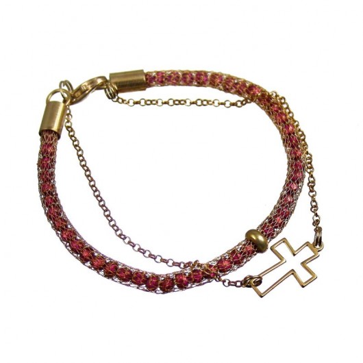 BRANSOLETKA GOLD & PINK CROSS złoto srebro POPLAVSKY