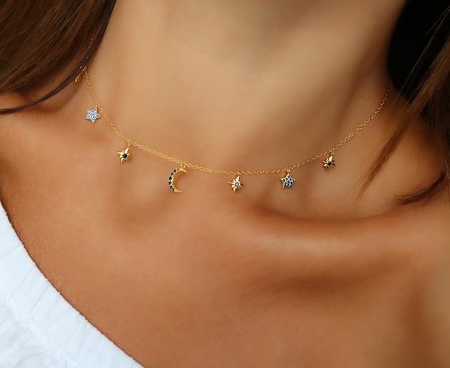 chokery Złoty choker/naszyjnik cyrkonie "moon-stars"