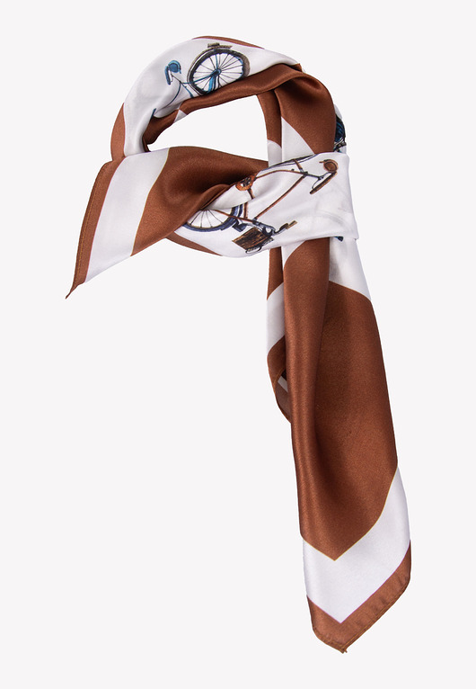 apaszki Modna apaszka damska jedwabna brązowa z motywem rowerów 68 cm x 68 cm
