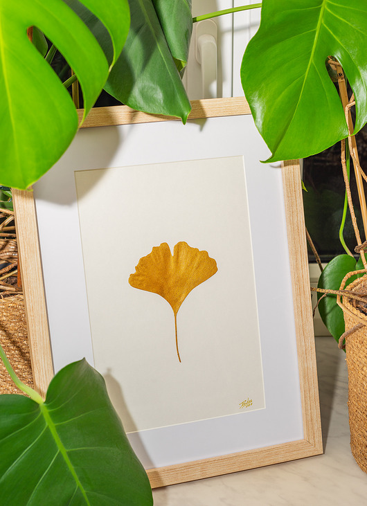 Ozdoby na ścianę Obraz Botaniczny 3D Premium. Złoty Liść Miłorzębu 30x40cm. Modern Wall Art