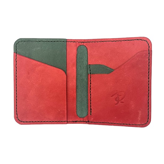 portfele damskie Zielono-czerwony portfel ręcznie uszyty ze skóry garbowanej roślinnie.