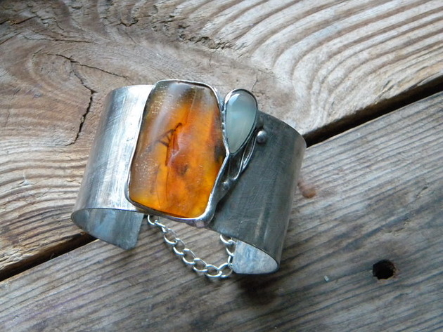 bransoletki wire wrapping Bursztyn / chalcedon -  bransoleta mankiet CUFF