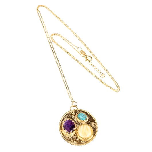 złote naszyjniki Złoty naszyjnik - medalion z turkusem, bursztynem i ametystem