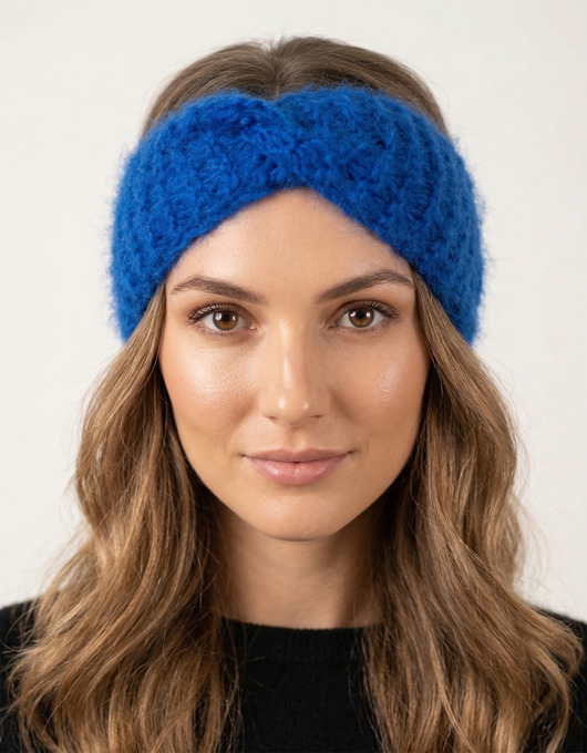 czapki damskie Opaska moherowa - puchaty kobalt