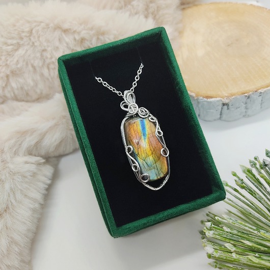 wisiory Naszyjnik Labradoryt Wielokolorowy stal chirurgiczna wisiorek handmade