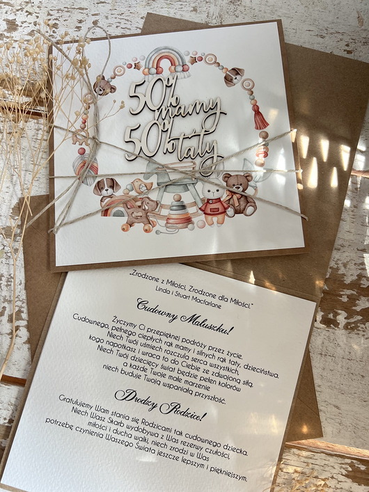 kartki scrapbooking Ręcznie robiona kartka na narodziny dziecka - gratulacje 50% mamy 50% taty