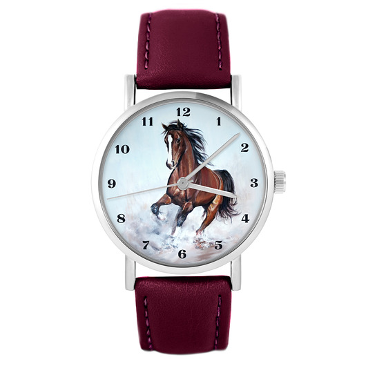 zegarki unisex Zegarek - Brązowy koń, cyfry - skórzany, burgund