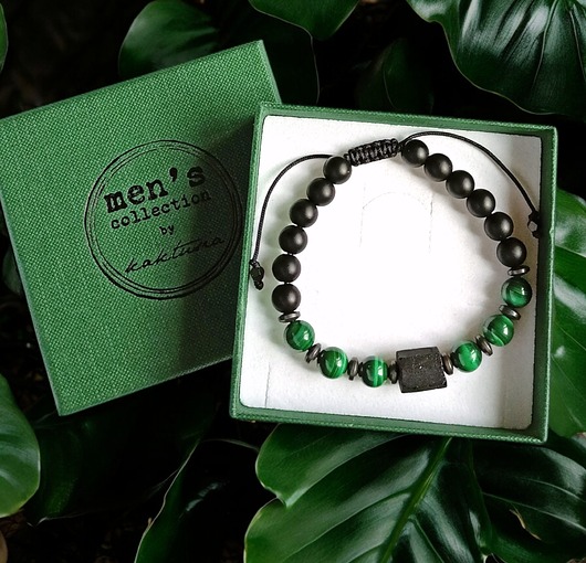 biżuteria męska OCHRONA, MIŁOŚĆ, ODWAGA - malachit, turmalin, onyks - bransoletka regulowana